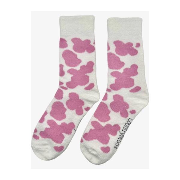 Fluffy Pink Cow Print Crew Socks